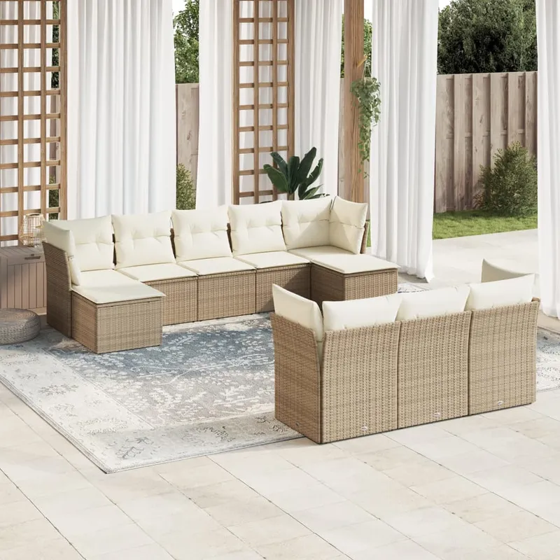 vidaXL Soffgrupp för trädgård med dynor 10 delar beige konstrotting (#1425)