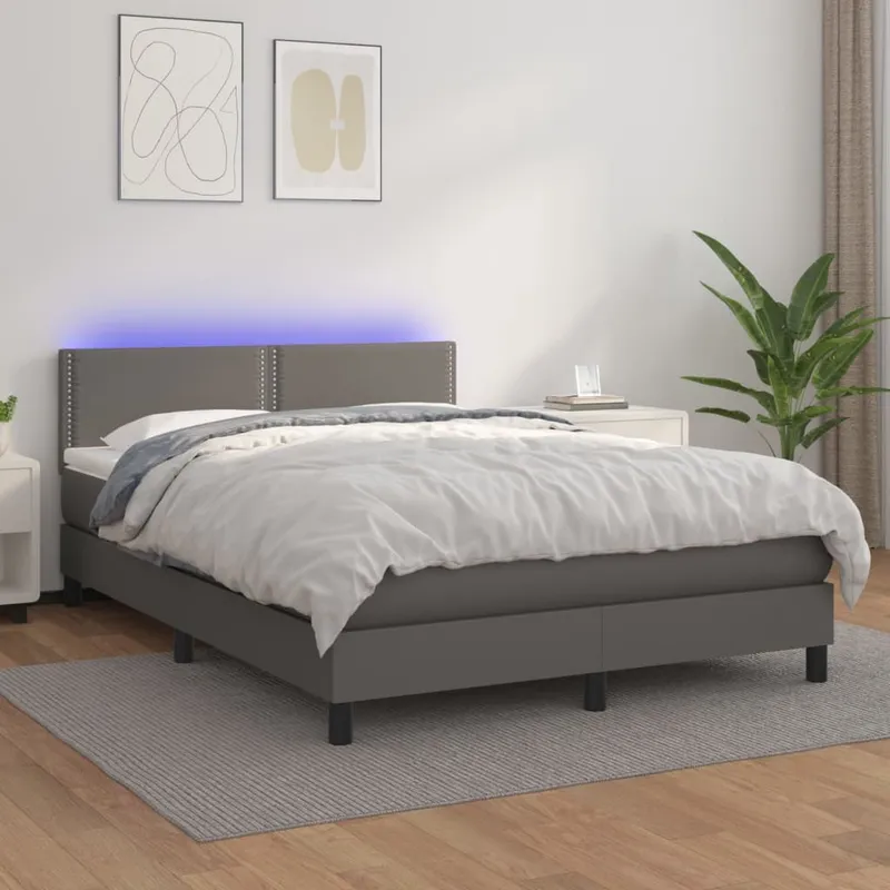 vidaXL Ramsäng med madrass & LED grå 140×190 cm konstläder (#6873)