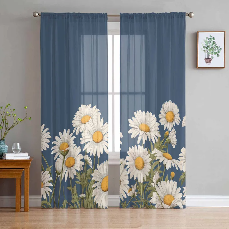 Blomst Og Krysantemum Retro Dekor Tyll Vindusgardiner til Soverom Luksuriøs Hjemmedekor Draperier i Stue Chiffonpaneler 135W x 114H(cm)