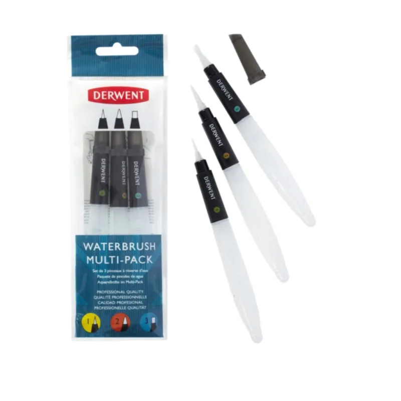Derwent Waterbrush For Watercolour Painting Pack Of 3 Includes Chisel Tip Fine Tip & Medium Tip