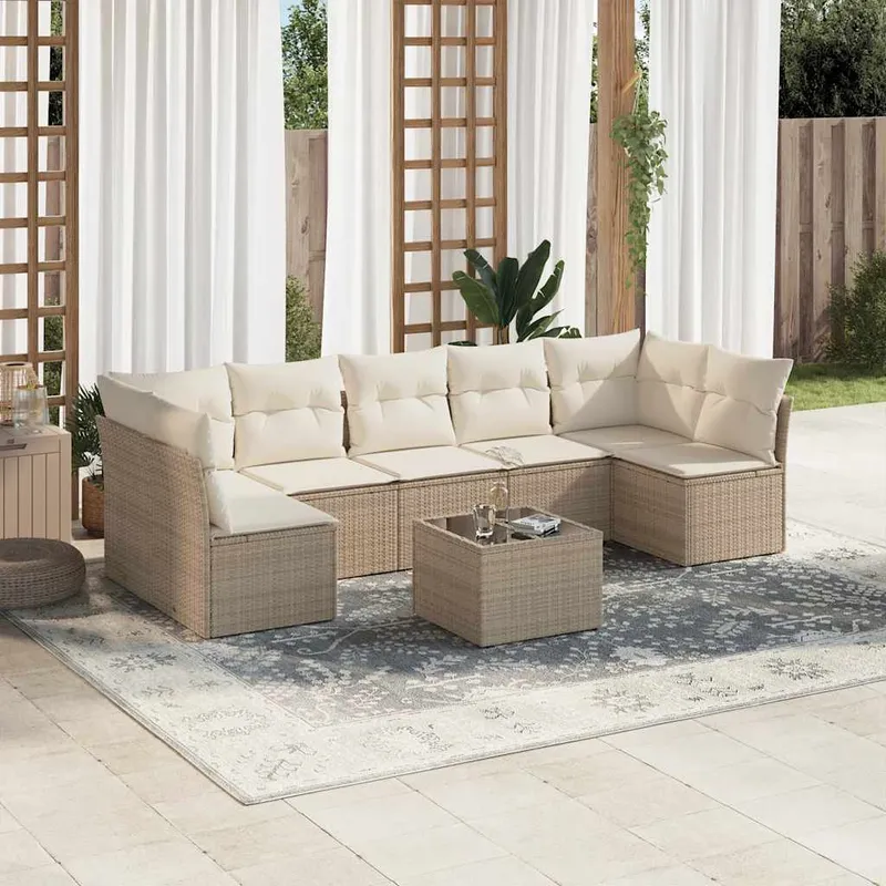 vidaXL Matgrupp för trädgården med dynor 8 delar beige konstrotting (#0398)