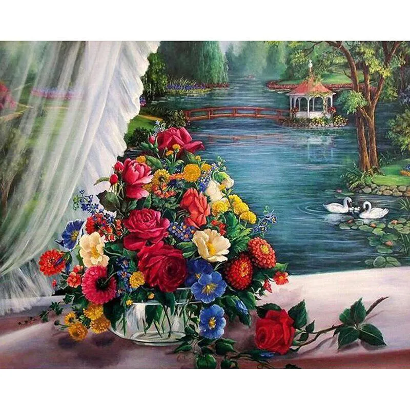 Lake and Folwer Diamond Brodery Diamond Mosaic Painting Icon 5D DIY Cross Stitch Handwork Presents 20X30CM
