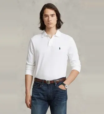Polo Ralph Lauren för män. 710681126001 Långärmad vit Slim Fit piké polotröja, vit (S), Casual, Bomull, Lång ärm