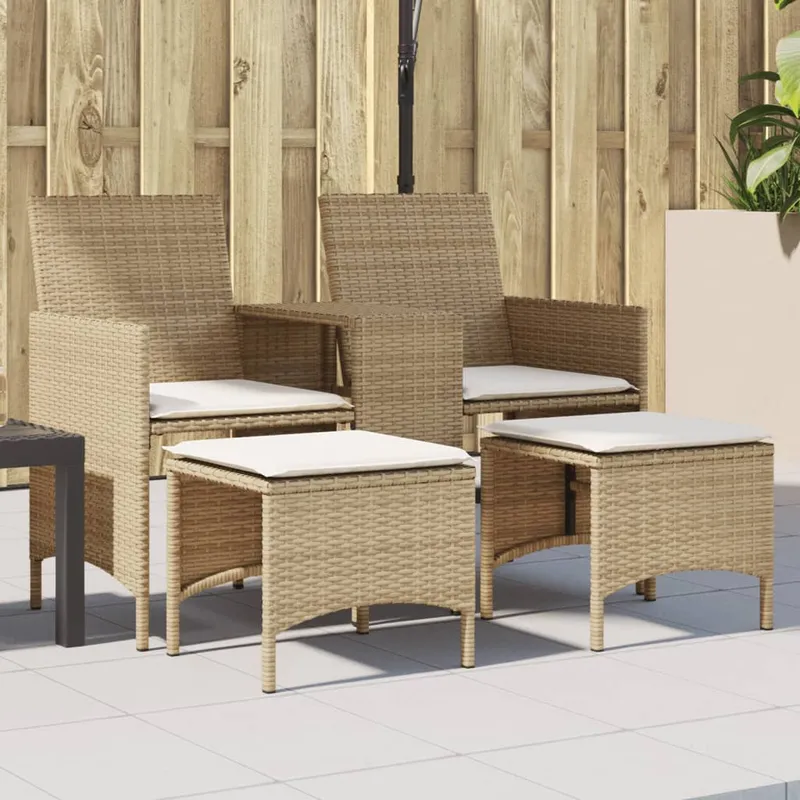 vidaXL Trädgårdssoffa 2-sits med bord och pallar beige konstrotting (#4420)