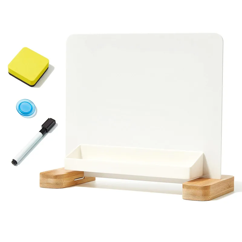 Mångsidig magnetisk skrivbordsskrivtavla med bambubas Standup Dry Erase Skrivtavla förvaringslåda vit