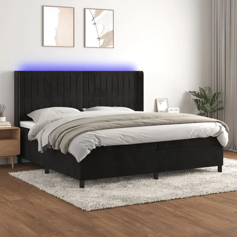 vidaXL Ramsäng med madrass & LED svart 200×200 cm sammet