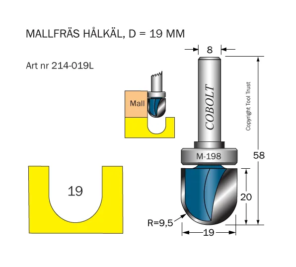 Cobolt 214-019L Hålkälsfräs R=9,5 D=19 L=20