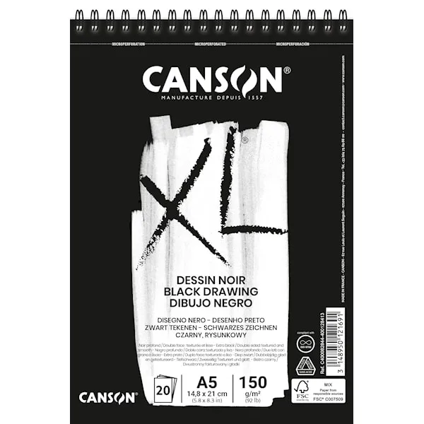 Ritpapper A5 block Svart 20 ark 150g Canson XL
