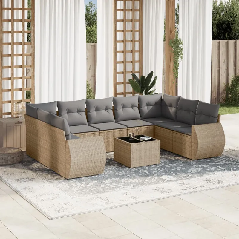 vidaXL Soffgrupp för trädgård med dynor 10 delar beige konstrotting (#1213)