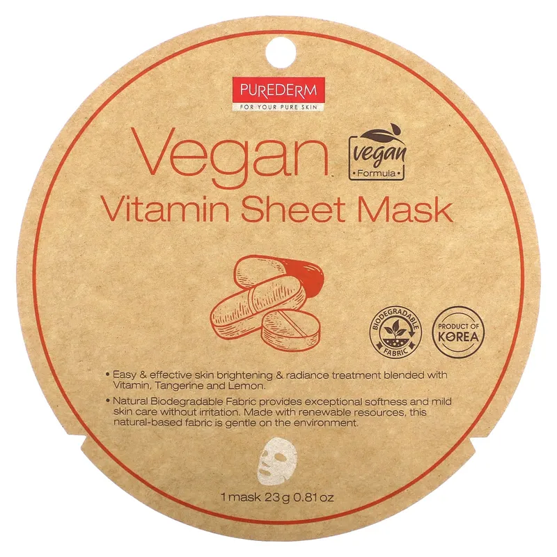 Purederm, Vegansk vitaminskönhetsmask, 1 arkmask, 23 g (0,81 oz)