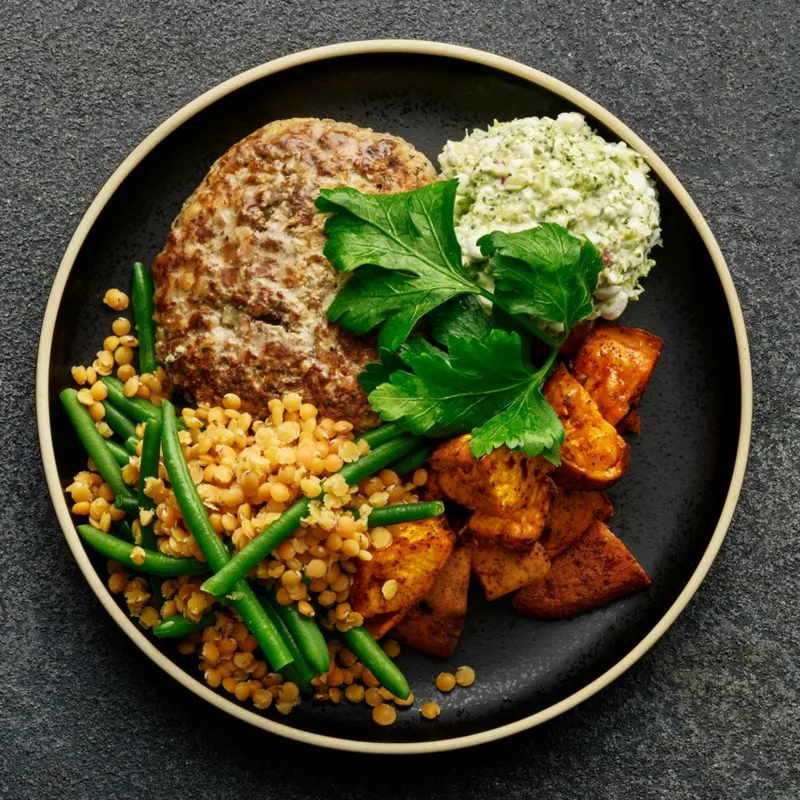 Färsbiff med ugnsstekt sötpotatis samt keso- och broccolidipp