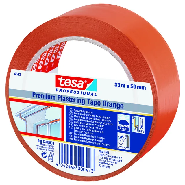 Tesa 4843 Bygg- och skyddstejp PVC, UV-resistent, 33 m x 50 mm, orange