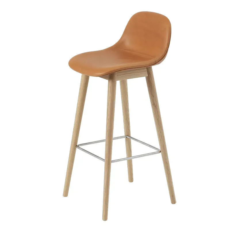 Muuto, Fiber barstol hög Wood Base - 75 cm - Refine Leather Cognac Oak
