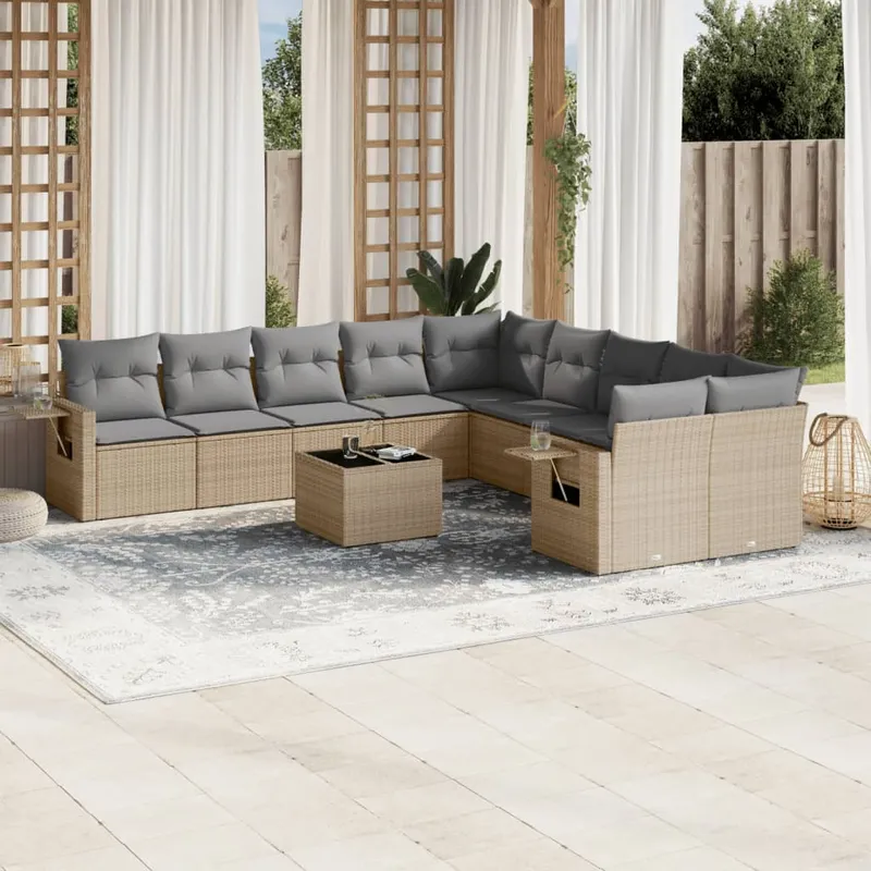 vidaXL Loungegrupp för trädgården m. dynor 11 delar beige konstrotting (#0704)