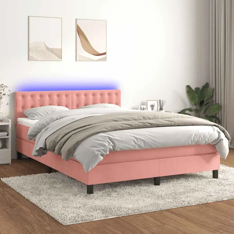 vidaXL Ramsäng med madrass & LED rosa 140×190 cm sammet (#1686)