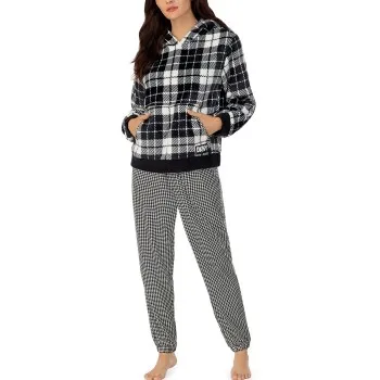 DKNY Chill Zone Long Sleeve Hood Top And Jogger Svart/Rutig polyester Medium Dam