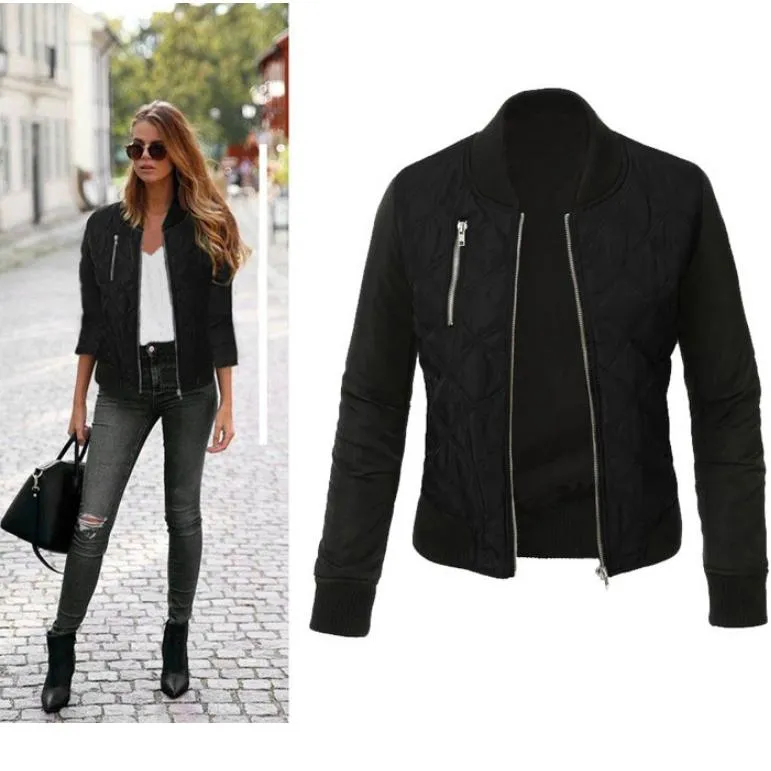Höst Vinter Dam Basic Zipper Quilted Bomber Jacket Coat M svart
