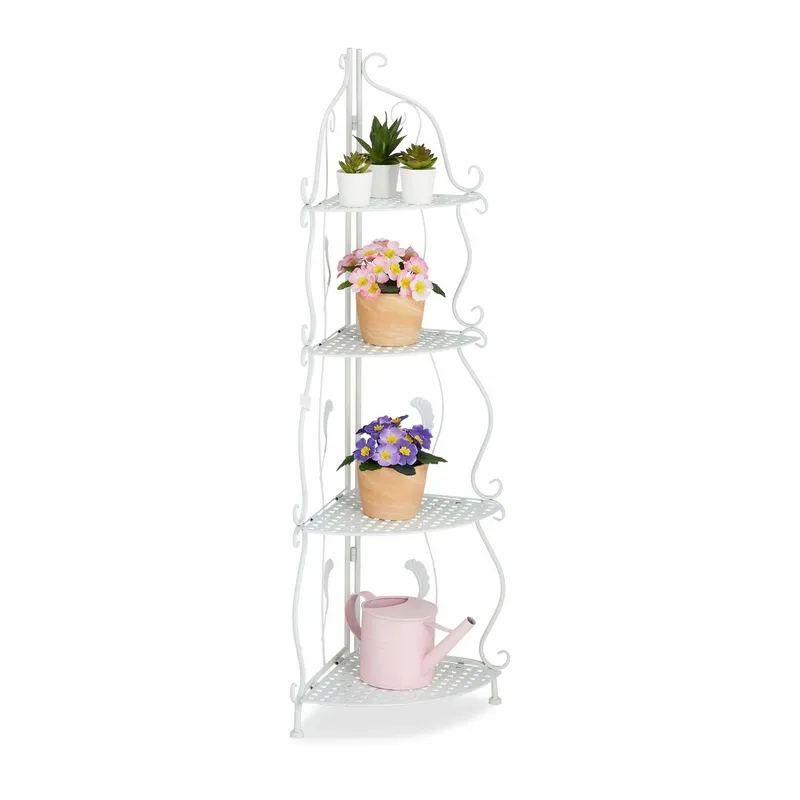 Hörnhylla i vit metall med 4 hyllplan