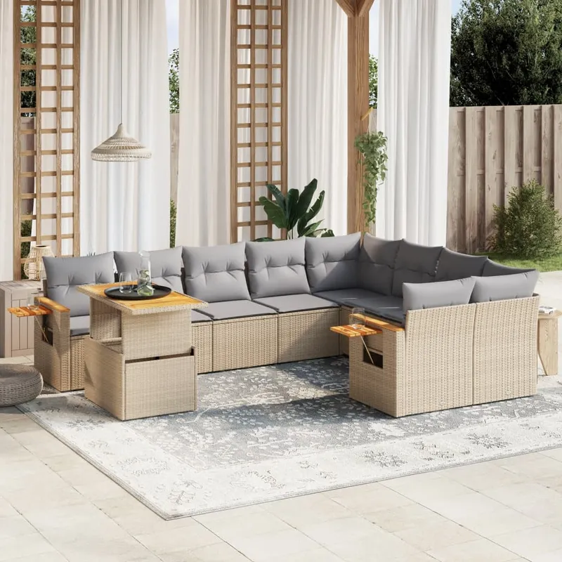 vidaXL Soffgrupp för trädgård med dynor 10 delar beige konstrotting (#4756)