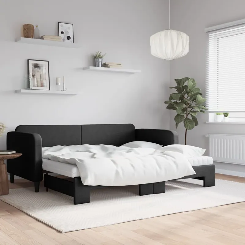 vidaXL Dagbädd med extrabädd och madrasser svart 90×190 cm tyg