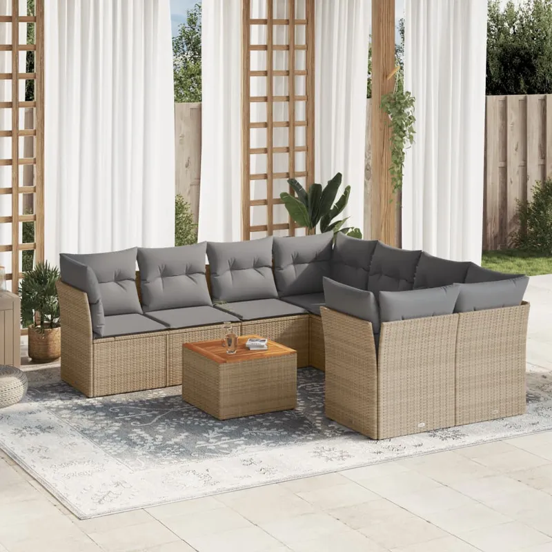 vidaXL Soffgrupp för trädgård med dynor 9 delar mixbeige konstrotting (#8341)