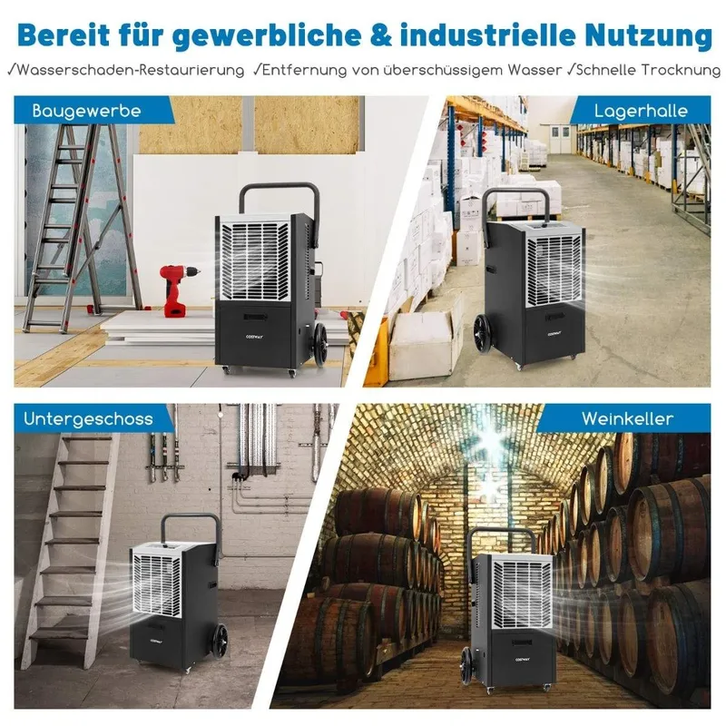 Kommersiell avfuktare 66 l/dag - Pump, timer, hjul