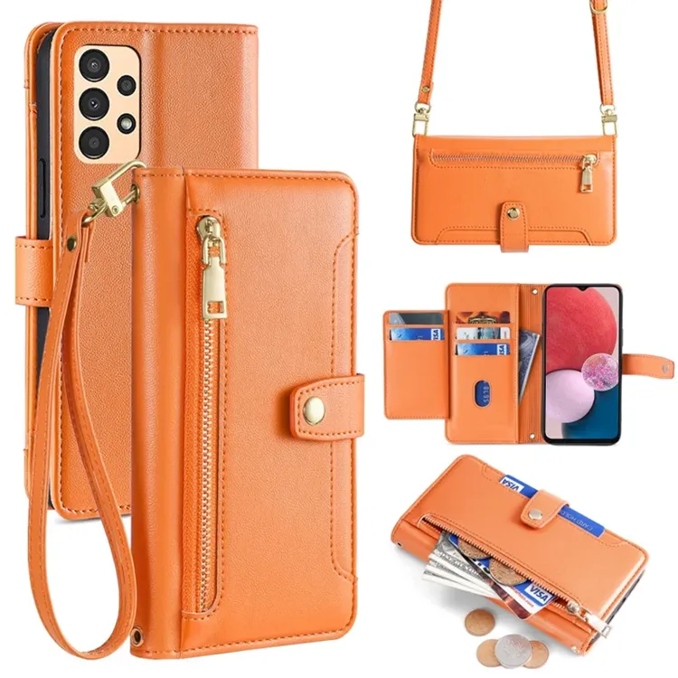 Galaxy A13 4G Konstläder Plånboksfodral Anti-Drop – Orange (Orange)