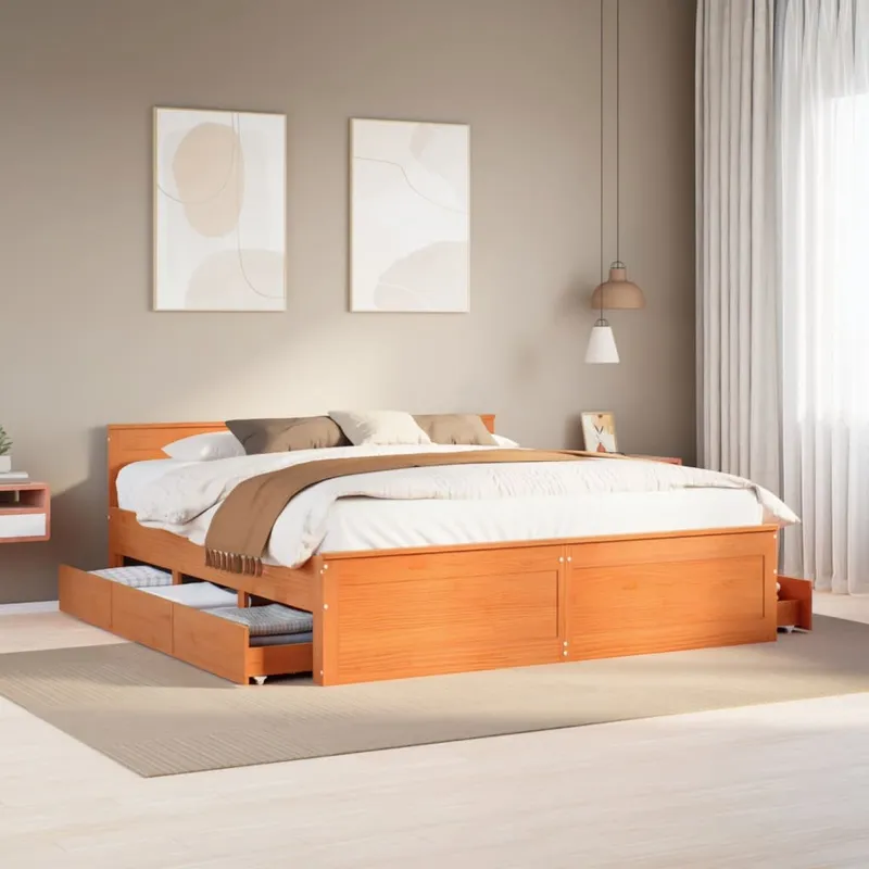 vidaXL Sängram utan madrass med huvudgavel brun 200×200 cm massiv furu