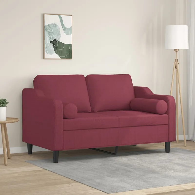 vidaXL 2-sits soffa med prydnadskuddar vinröd 120 cm tyg (#8101)