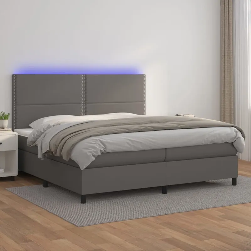 vidaXL Ramsäng med madrass & LED grå 200×200 cm konstläder (#4310)