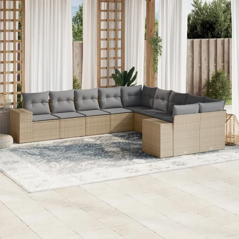 vidaXL Soffgrupp för trädgård med dynor 10 delar beige konstrotting (#4601)