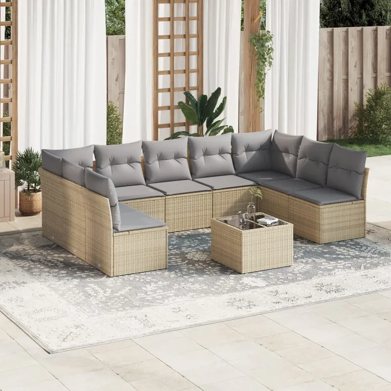 vidaXL Soffgrupp för trädgård med dynor 10 delar beige konstrotting (#6802)
