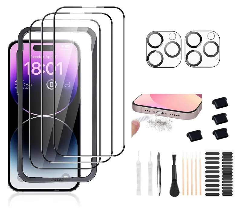 6-Pack iPhone 14 Pro Härdat Glas Skärmskydd Linsskydd Rengöringskit