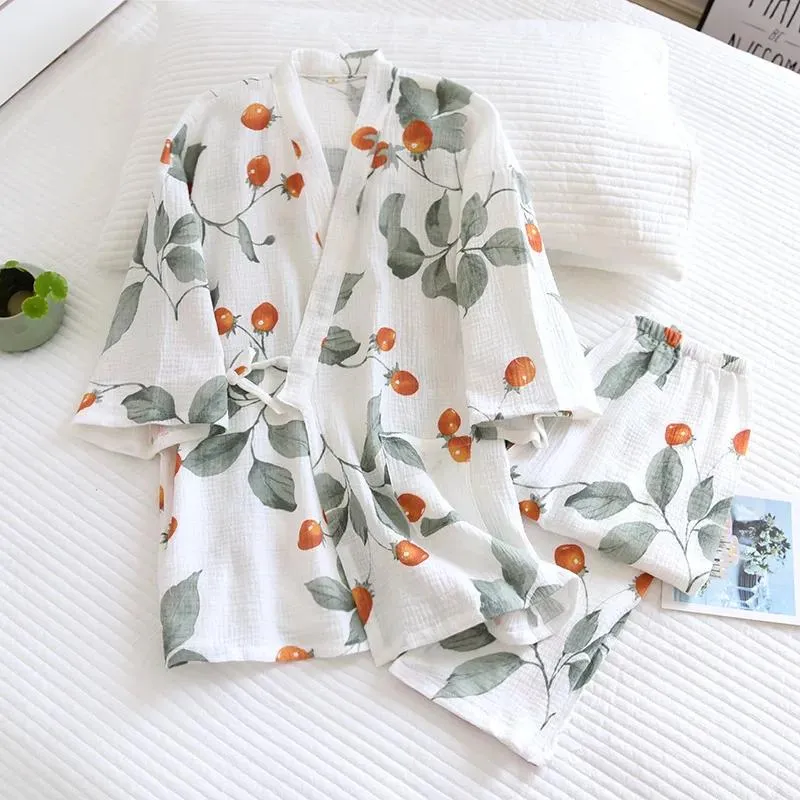 Vår Sommer Ny Japansk Kimono Dame Bomull Pyjamas Todelt Trekvart Erme Bukser Løst Hjemmeservicesett Kvinne XL