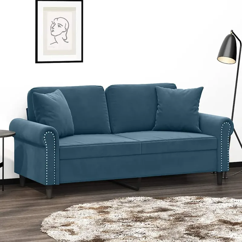 vidaXL 2-sitssoffa med prydnadskuddar blå 140 cm sammet (#9214)