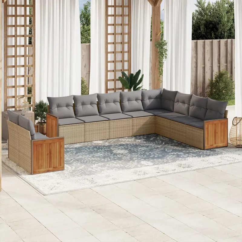 vidaXL Soffgrupp för trädgård med dynor 10 delar beige konstrotting (#7613)