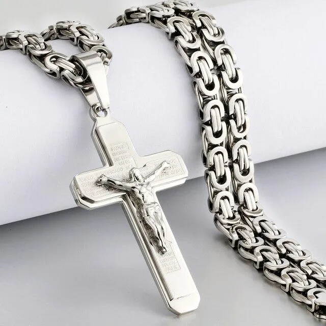 Heavy Duty Cross Pendant Halsband Herr Guld Rostfritt Stål Bysantinsk Kedja Herr Halsband 65cm (#6384)