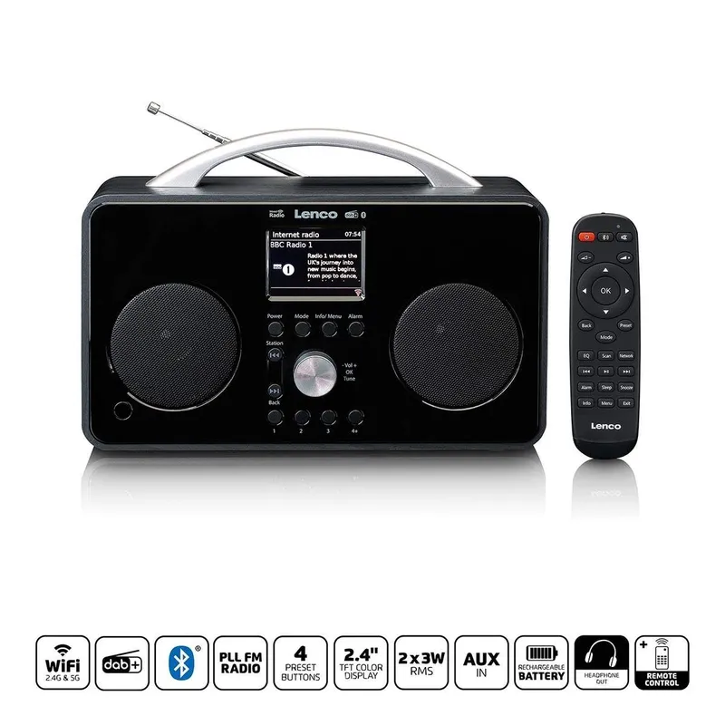 Internet DAB+/FM-radio med Bluetooth-fjärrkontroll och uppladdningsbart batteri