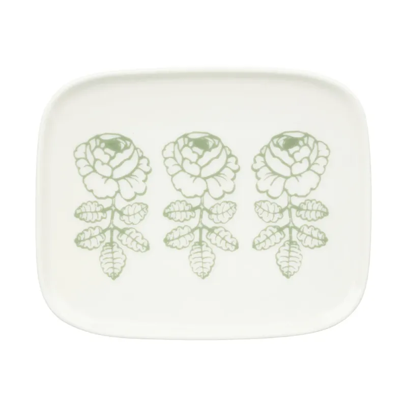 Marimekko Oiva Vihkiruusu assiett White, sage, rektangulär 12×15 cm