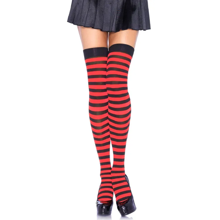 Striped Nylon Thigh Highs Black/Purple O/S Strumpbyxor