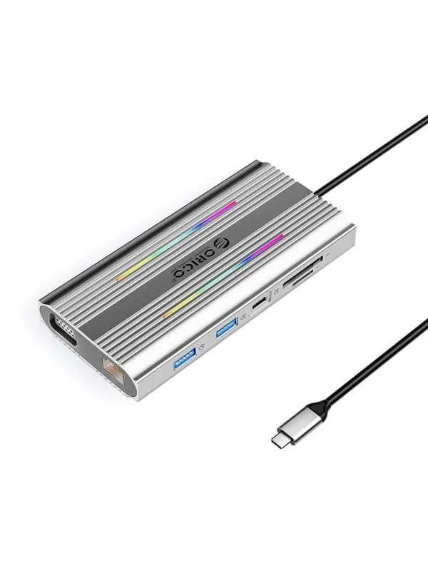 ORICO XCR 12in1 RGB USB-C Docking Station 3x USB-A USB-C PD 100W HDMI 4K VGA RJ45 Gigabit SD and microSD Card Reader - Silver USB Hub - USB 3.1 - 12 porte - Grey