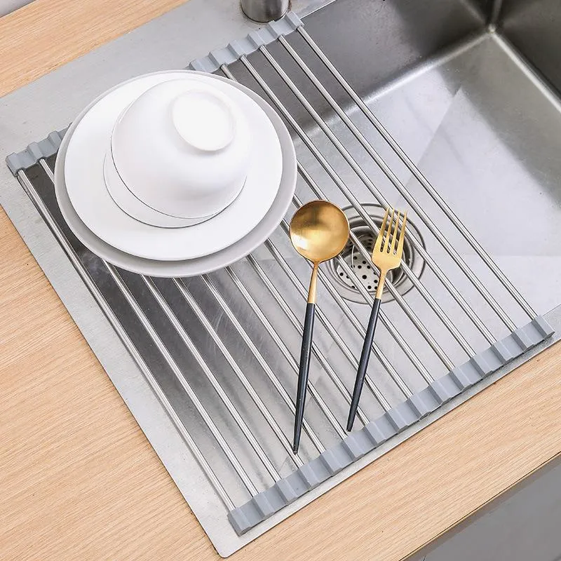 Hopfällbar disklåda i rostfritt stål Roll Up Disk Torkställ Hylla Diskbänkshållare Dräneringstallrik Skål Frukttallrik Förvaring silver
