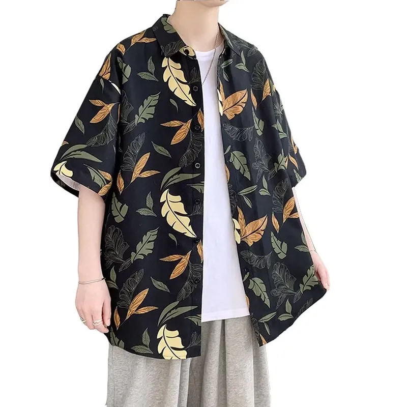 Trysimple Casual Aloha Sommer Kortarmsskjorte med Blad Åpen Halv og Design Herreskjorte, Trykk, Krage, Ermer, Figursmigrende (3XL, svart) Svart