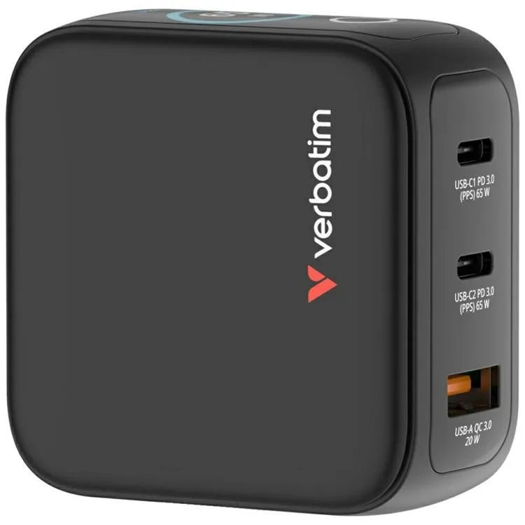 Verbatim Snabbladdare 65W 2xUSB-C 1xUSB-A GaN Mini EU/UK/USA - Svart