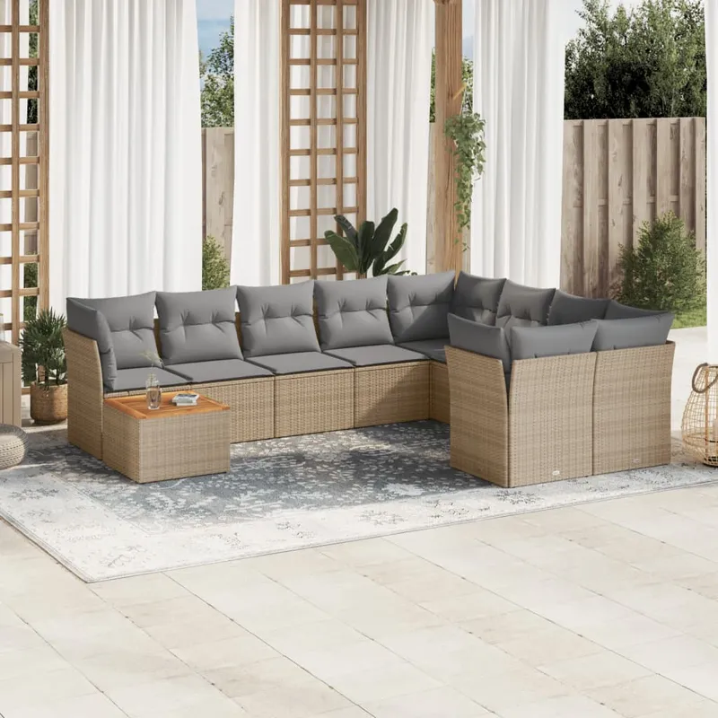 vidaXL Soffgrupp för trädgård med dynor 10 delar beige konstrotting (#6899)
