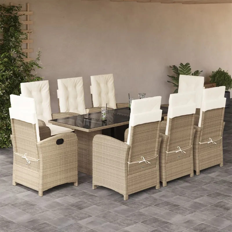 vidaXL Matgrupp för trädgården med dynor 9 delar beige konstrotting (#9943)