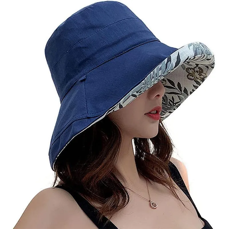 Sommarhatt med bred brättad bomull Kvinnor Packbar Vändbar blommig buckethatt UV-solskydd Bred brättad sommarstrandmössa Dubbelsidig Floppy Solhattar marinblå färg