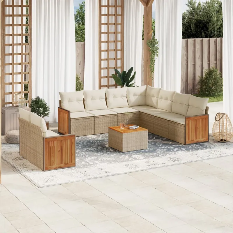 vidaXL Soffgrupp för trädgård med dynor 10 delar beige konstrotting (#7538)