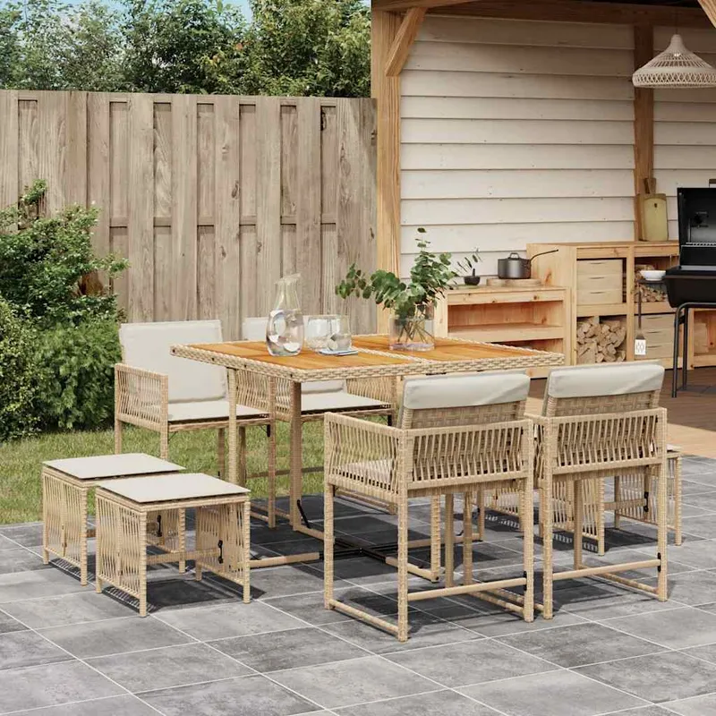 vidaXL Matgrupp för trädgården med dynor 9 delar beige konstrotting (#9627)