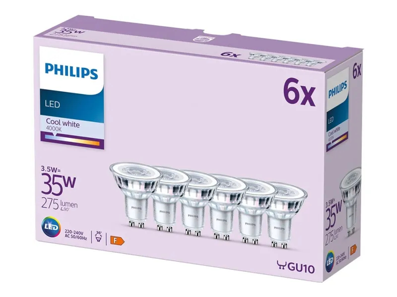 Philips LED-glödlampa Classic 3.5W/827 (35W) 36° 6-pack GU10